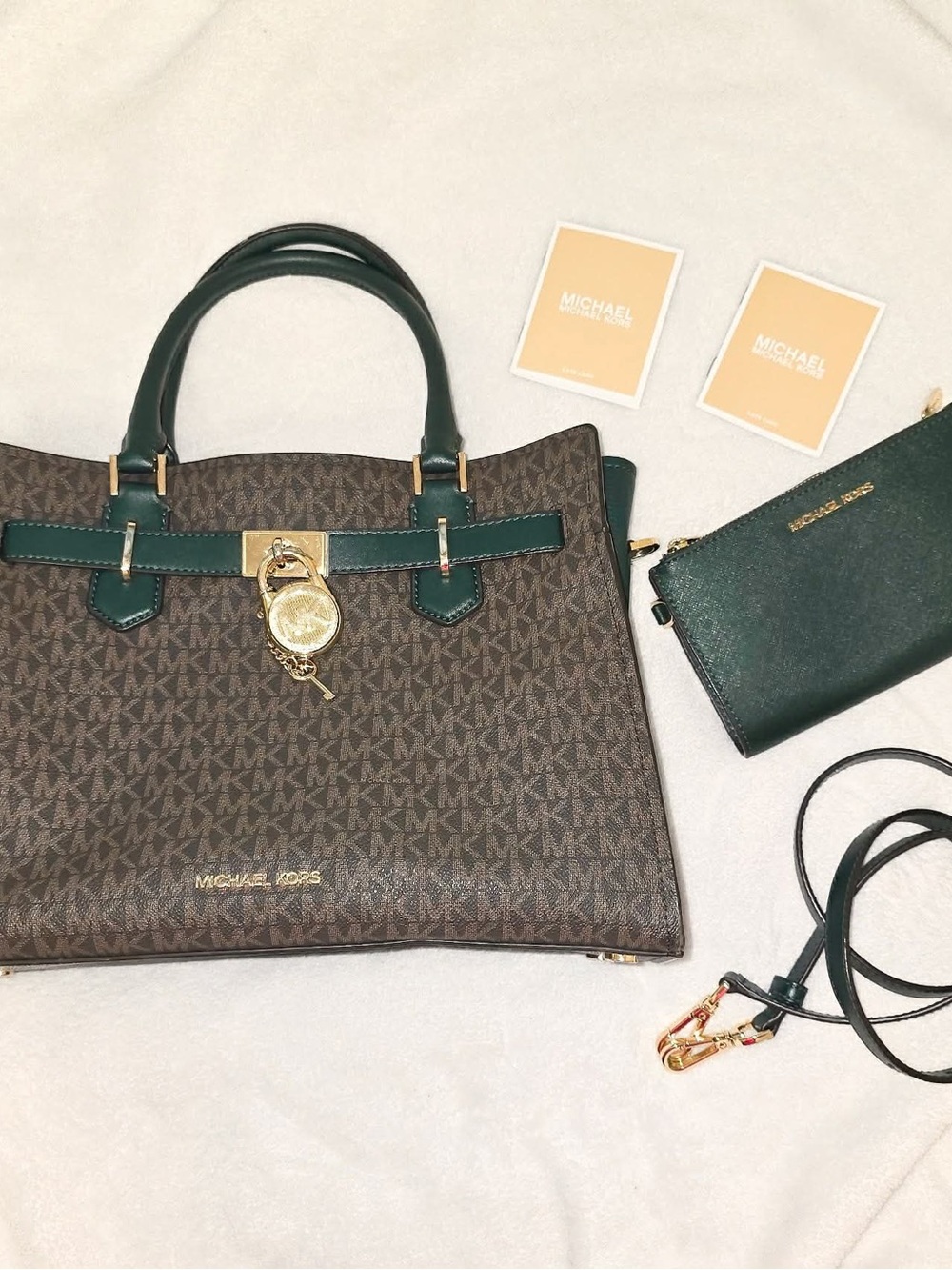 Michael Kors Brown MK Monogram Tote with matching green wallet like new